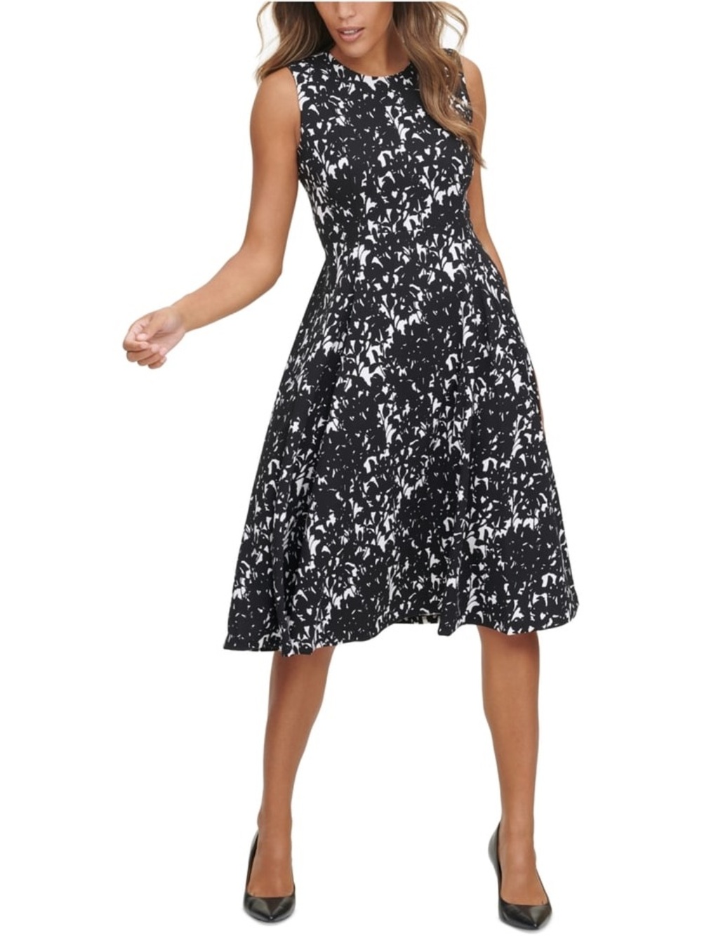 Calvin Klein Black and White Sleeveless “Fit & Flare” Midi Dress